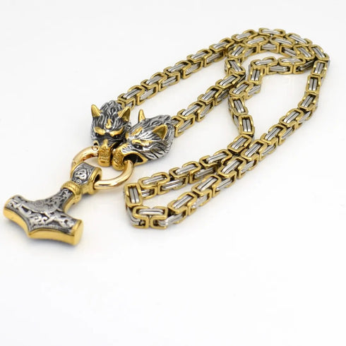 Nordic Hammer & Wolf Necklace: Vintage Stainless Steel Chain